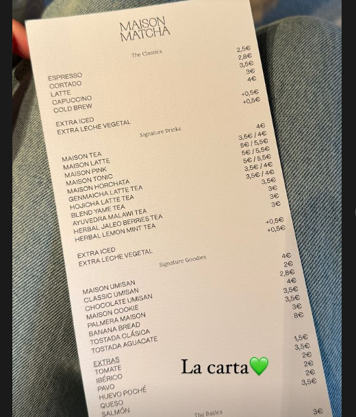 La carta y los precios del negocio de Violeta Mangriñán