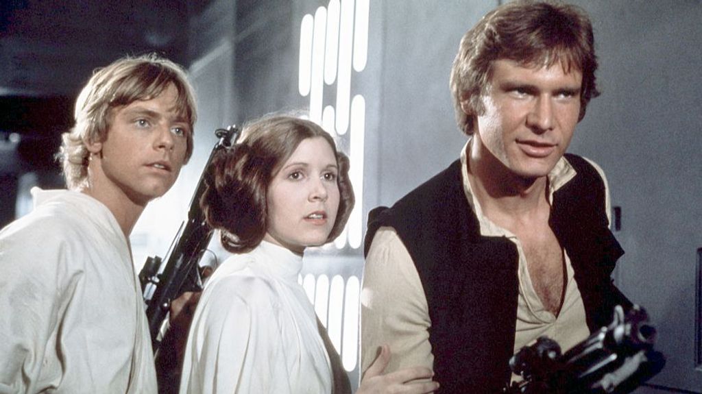 Mark Hamill, Carrie Fisher y Harrison Ford, en una secuencia de Star Wars