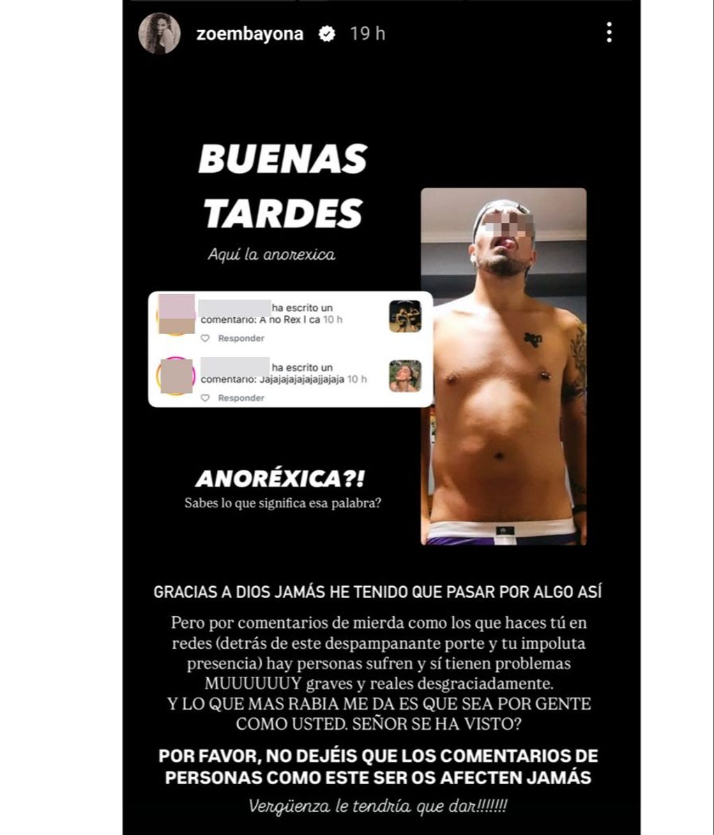 Zoe Bayona, indignada con el comentario sobre su físico que ha recibido
